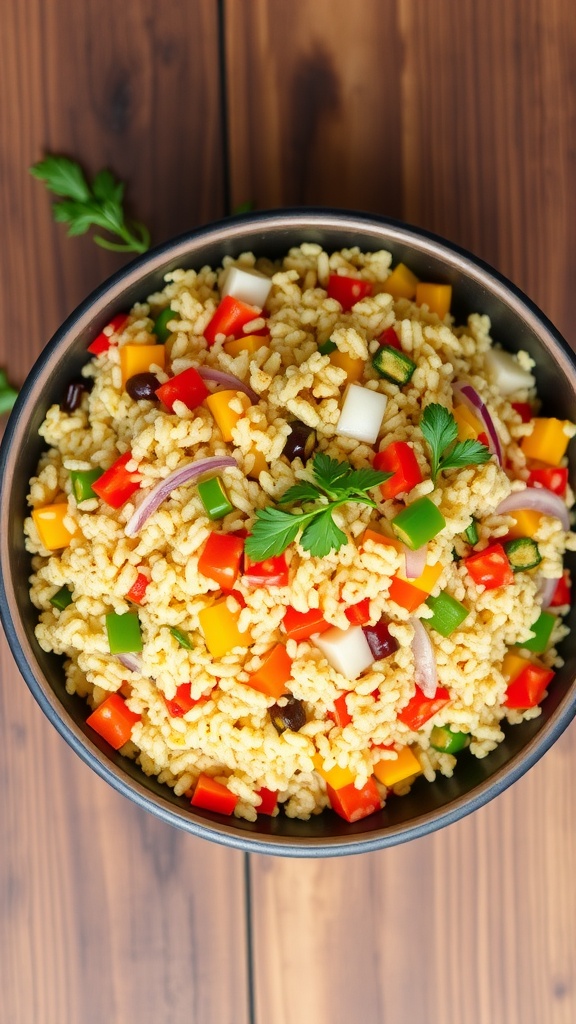 A bowl of colorful quinoa pilaf with bell peppers and parsley on a rustic table.